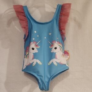 Blue Unicorn Bathing Suit One Piece with Pink Ruffle Sleeves